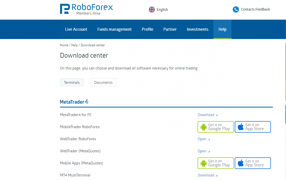 Центр завантажень RoboForex
