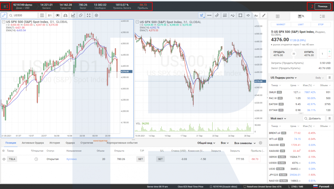 Верхнє меню платформи R StocksTrader