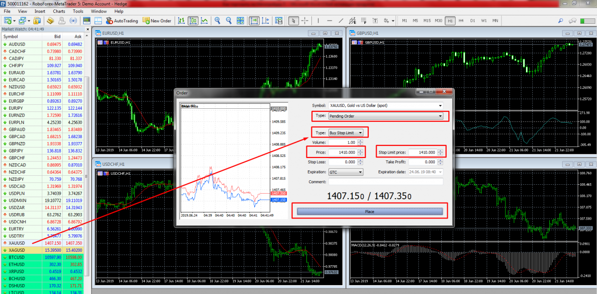 Colocación de límites de detención en MetaTrader 5.