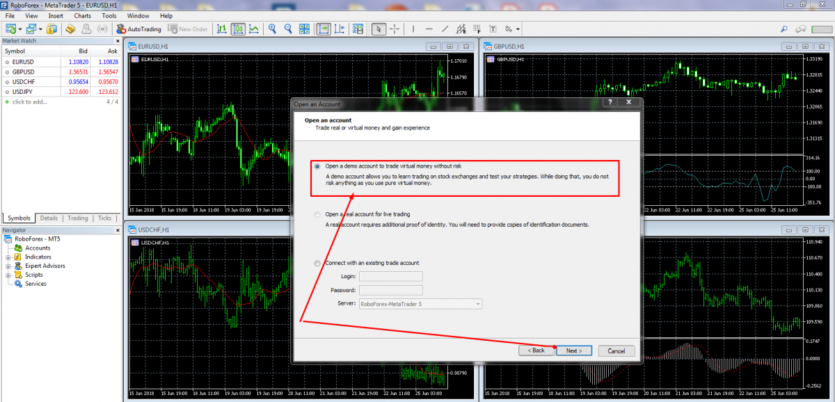 Abrir una cuenta demo en MetaTrader 5.