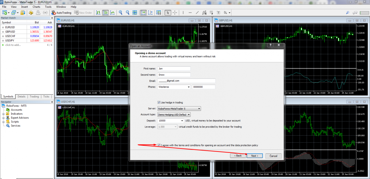 Opening a demo account in MetaTrader 5.