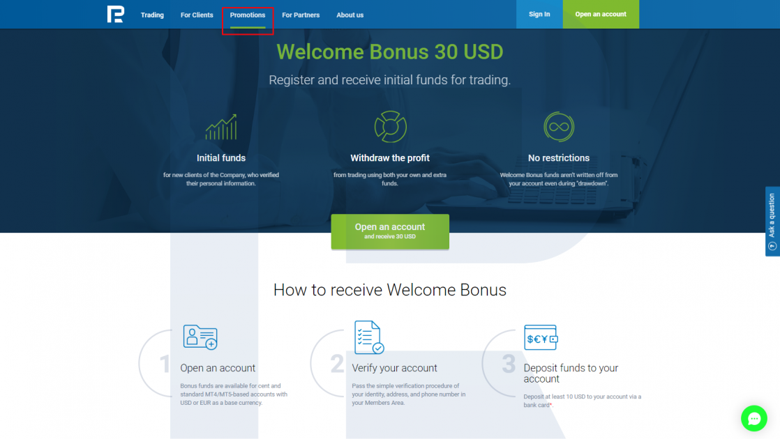 Welcome Bonus of 30 USD