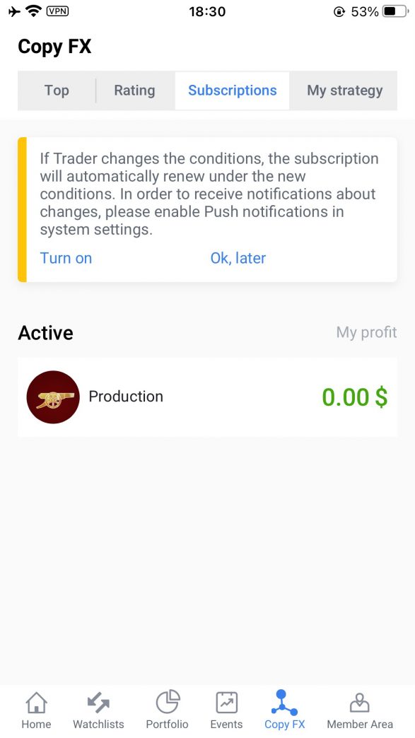 Subscription settings - CopyFX in R StocksTrader app